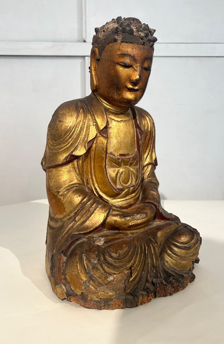 Bouddha Shakyamuni En Bois Laqué Doré, Chine XVIIème-photo-2