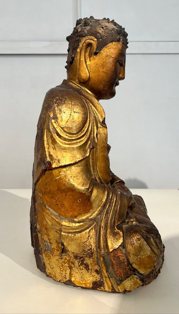 Bouddha Shakyamuni En Bois Laqué Doré, Chine XVIIème-photo-3