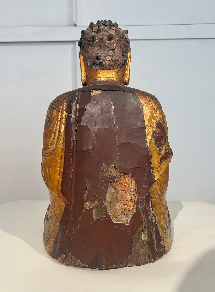 Bouddha Shakyamuni En Bois Laqué Doré, Chine XVIIème-photo-4