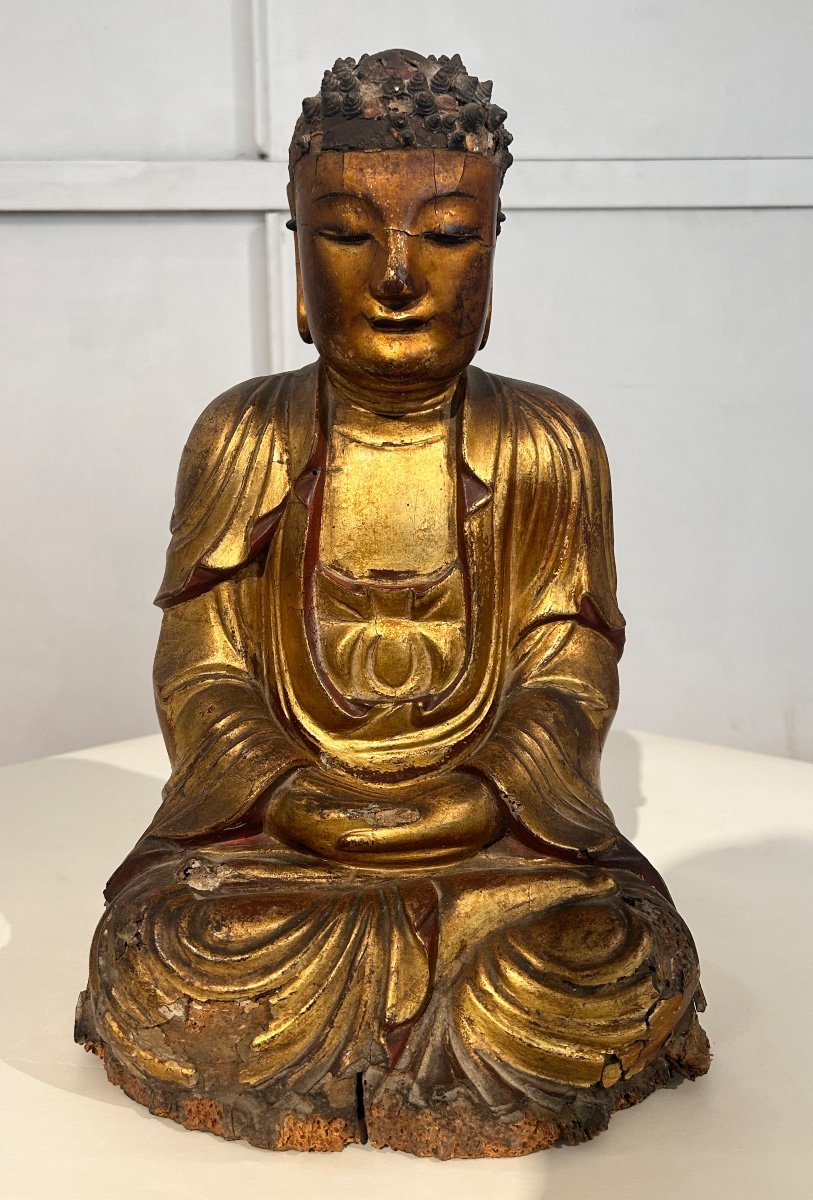 Bouddha Shakyamuni En Bois Laqué Doré, Chine XVIIème