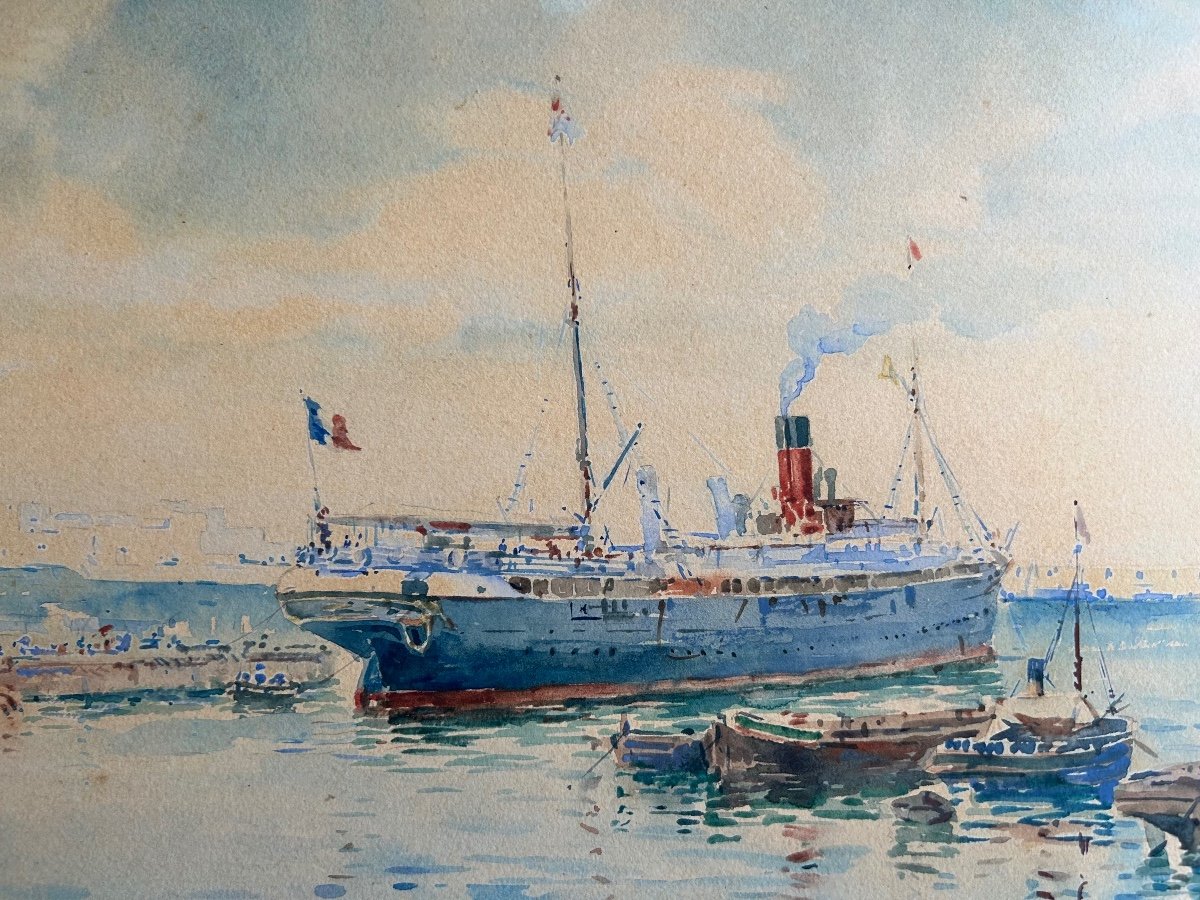 Gilbert Galland ( 1870-1950) Paquebot De La Cie Générale Transatlantique Dans Le Port D’alger-photo-4