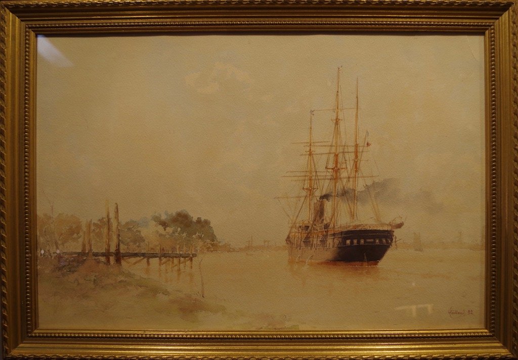 Alfred Benoit Caillaud (1858-1840) Aquarelle d'Un Trois Mats Remontant Un Fleuve