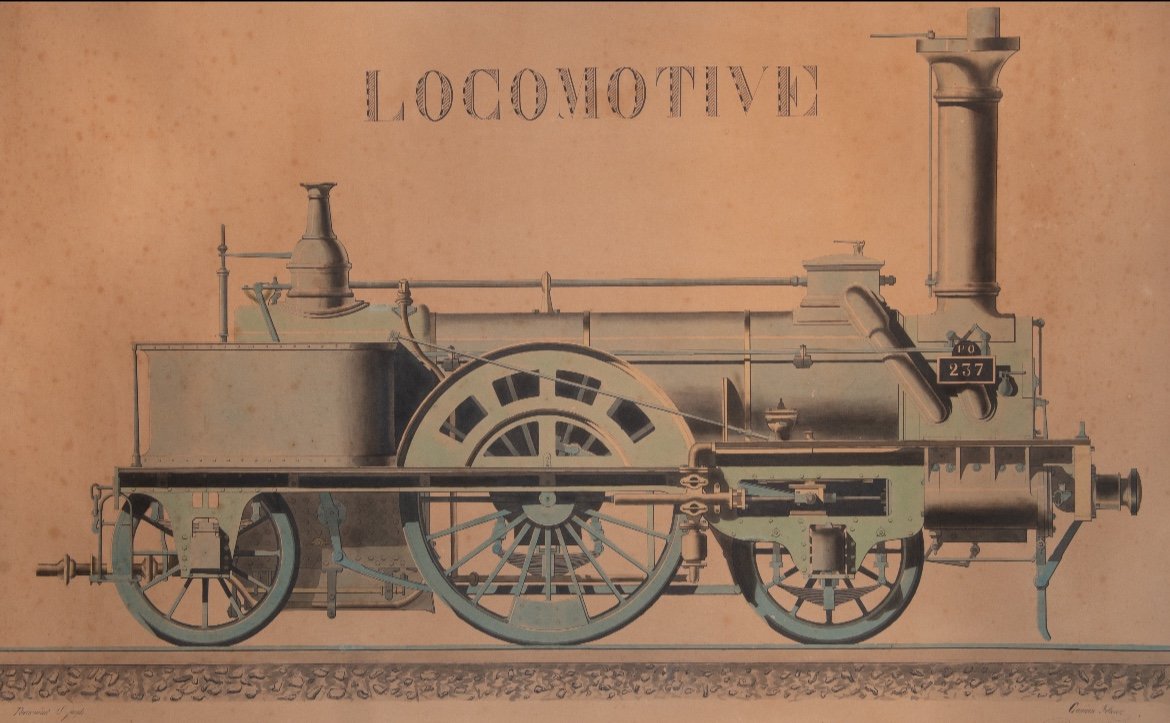 Aquarelle D’une Locomotive à Vapeur Fin XIXème-photo-2