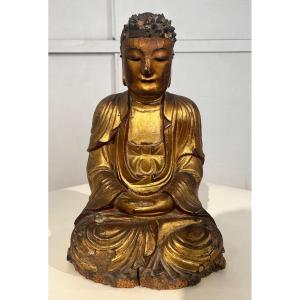 Bouddha Shakyamuni En Bois Laqué Doré, Chine XVIIème