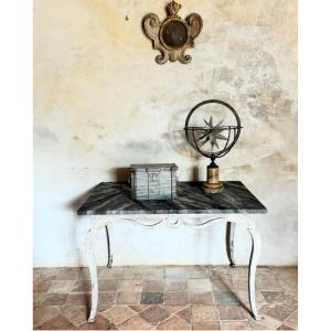 Table D’époque, Louis XV Avec Plateau Bois En Faux Marbre