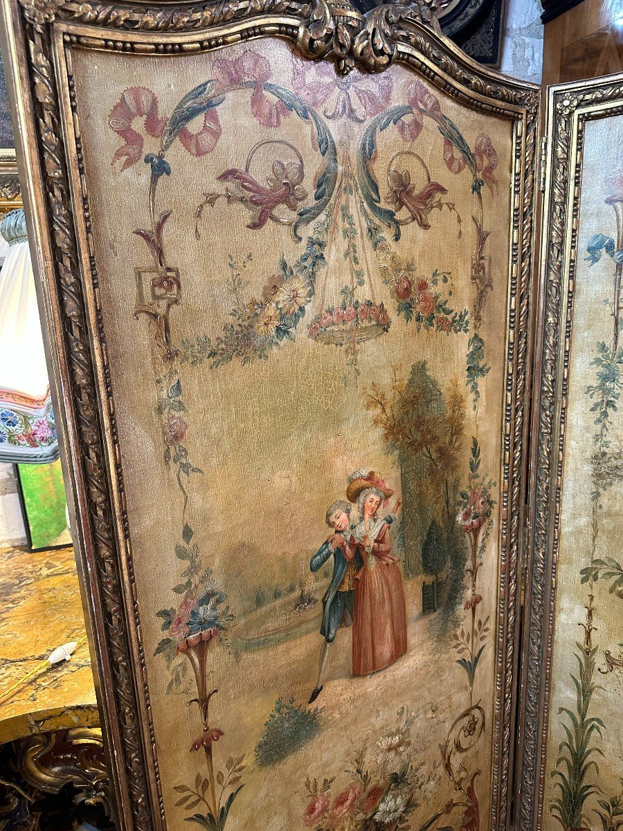 Louis XVI Style Screen Napoleon III Gilt Wood, Mirrors And Oils On Canvas With Three Leaves-photo-3