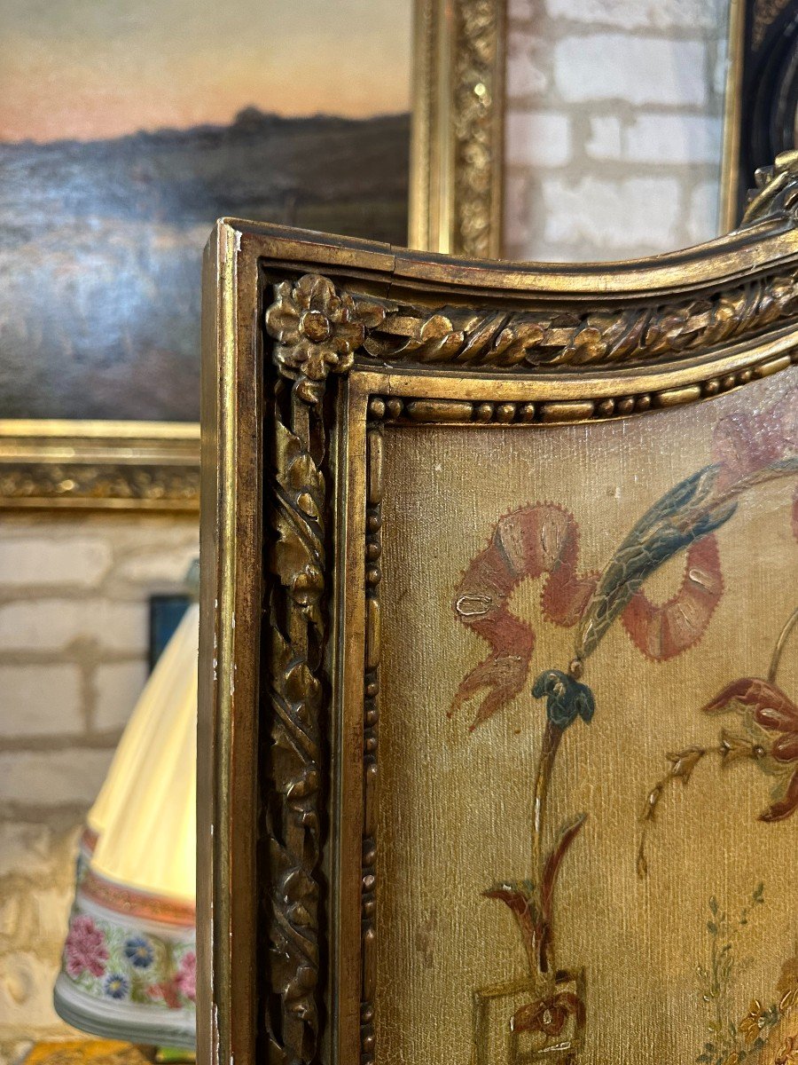 Louis XVI Style Screen Napoleon III Gilt Wood, Mirrors And Oils On Canvas With Three Leaves-photo-1