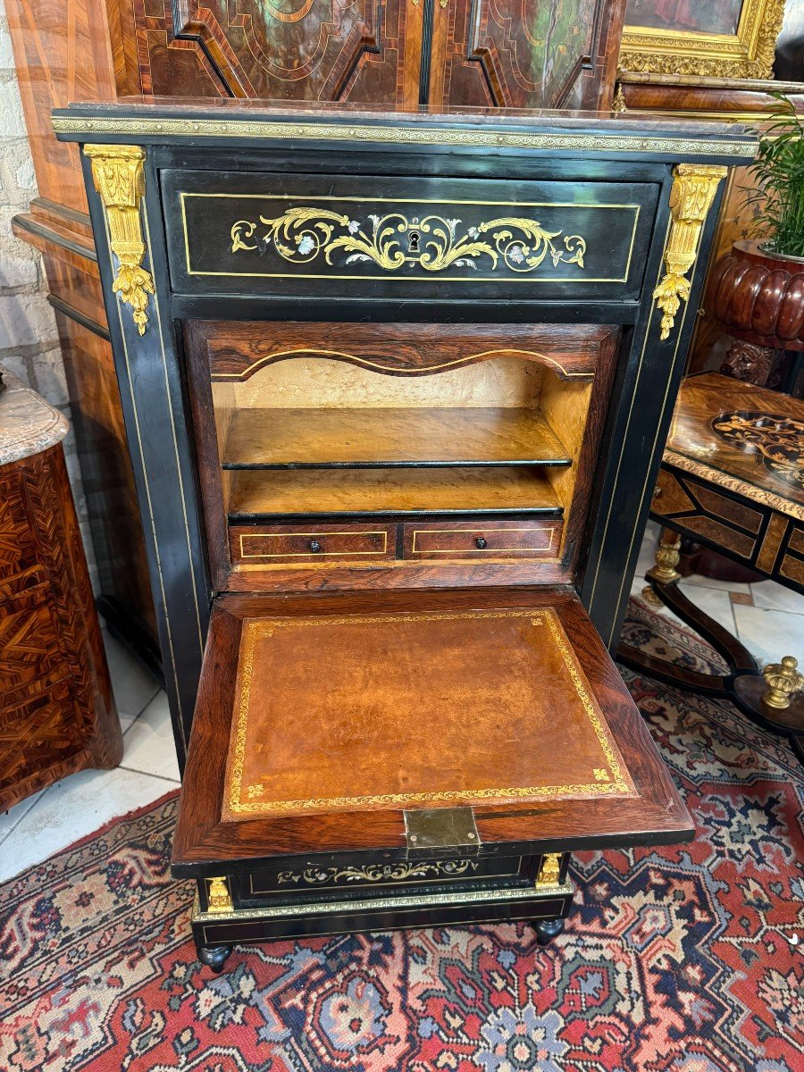 Napoleon III Secretary - 19th Century In Blackened Wood And Brass Marquetry-photo-4