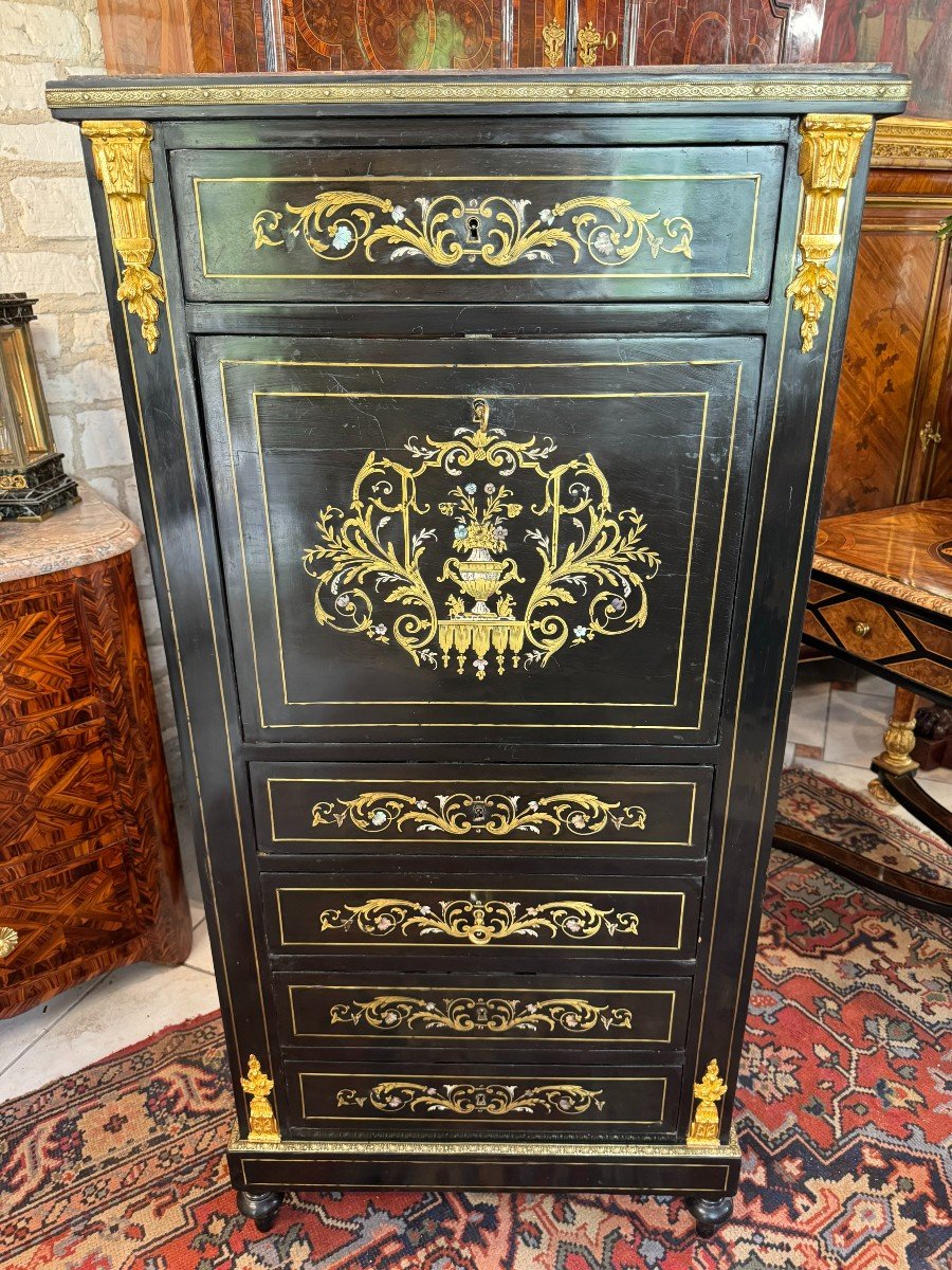 Napoleon III Secretary - 19th Century In Blackened Wood And Brass Marquetry