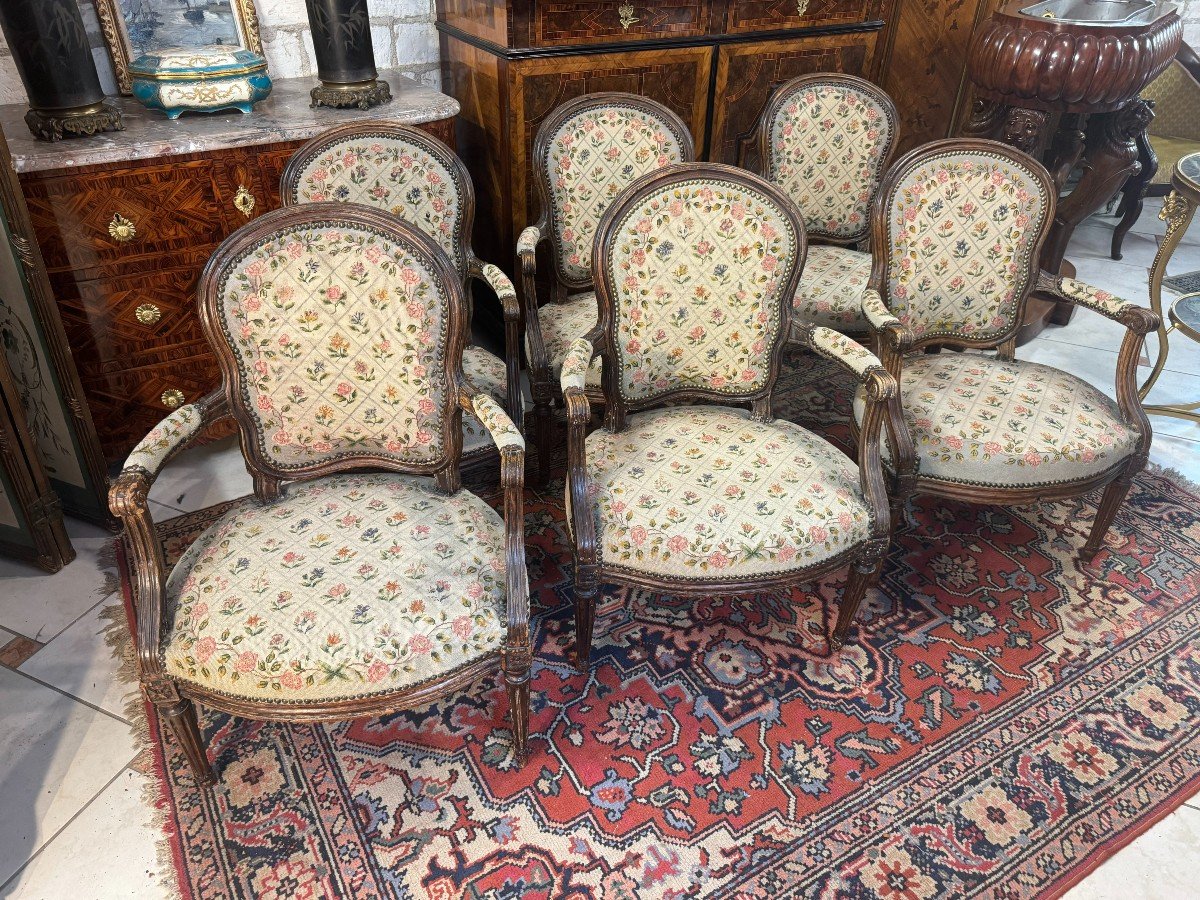 Set Of Six Delanoy Stamped Armchairs