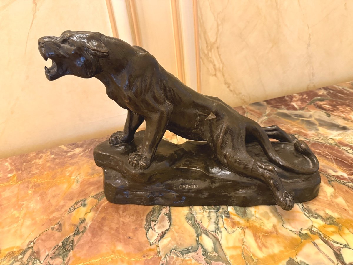 Bronze The Wounded Panther Signed L. Carvin