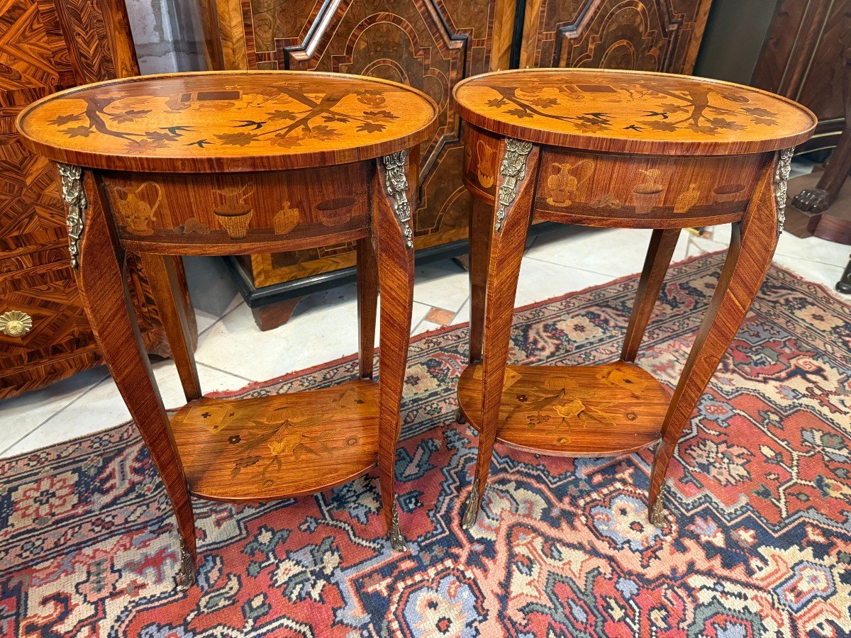 PAIRE DE TABLES DE CHEVET EN MARQUETERIE DE STYLE LOUIS XV-photo-2