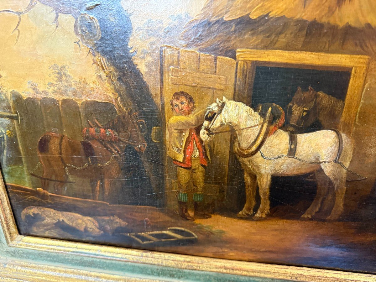 HUILE SUR BOIS SCENE DE CHEVAUX 19ème-photo-3