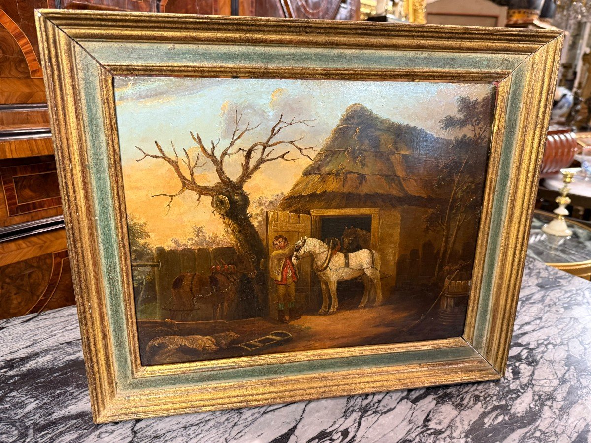 HUILE SUR BOIS SCENE DE CHEVAUX 19ème