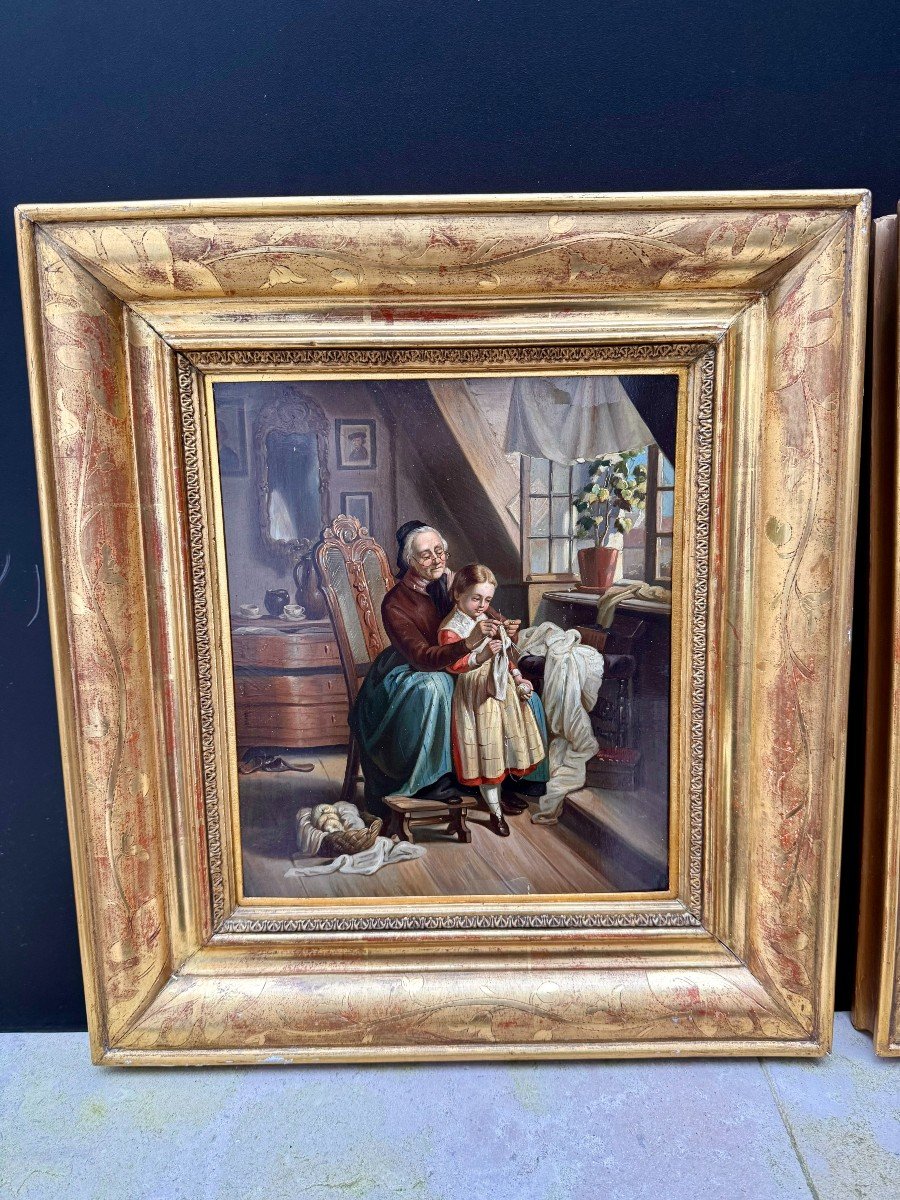 Two Oil Paintings On Panel - 19th Century French School, Theme On Sewing-photo-2