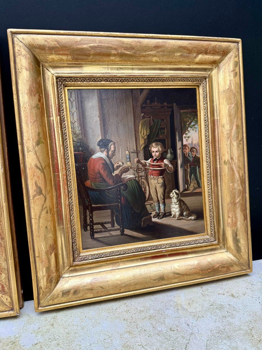 Two Oil Paintings On Panel - 19th Century French School, Theme On Sewing-photo-3