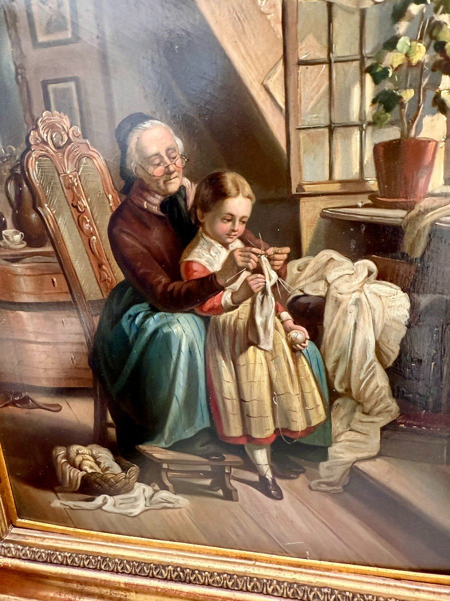 Two Oil Paintings On Panel - 19th Century French School, Theme On Sewing-photo-1