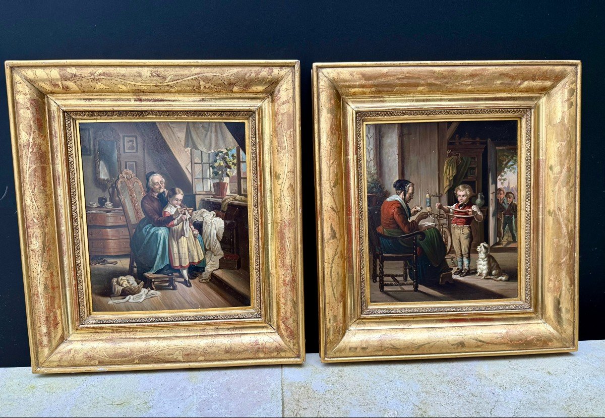 Two Oil Paintings On Panel - 19th Century French School, Theme On Sewing