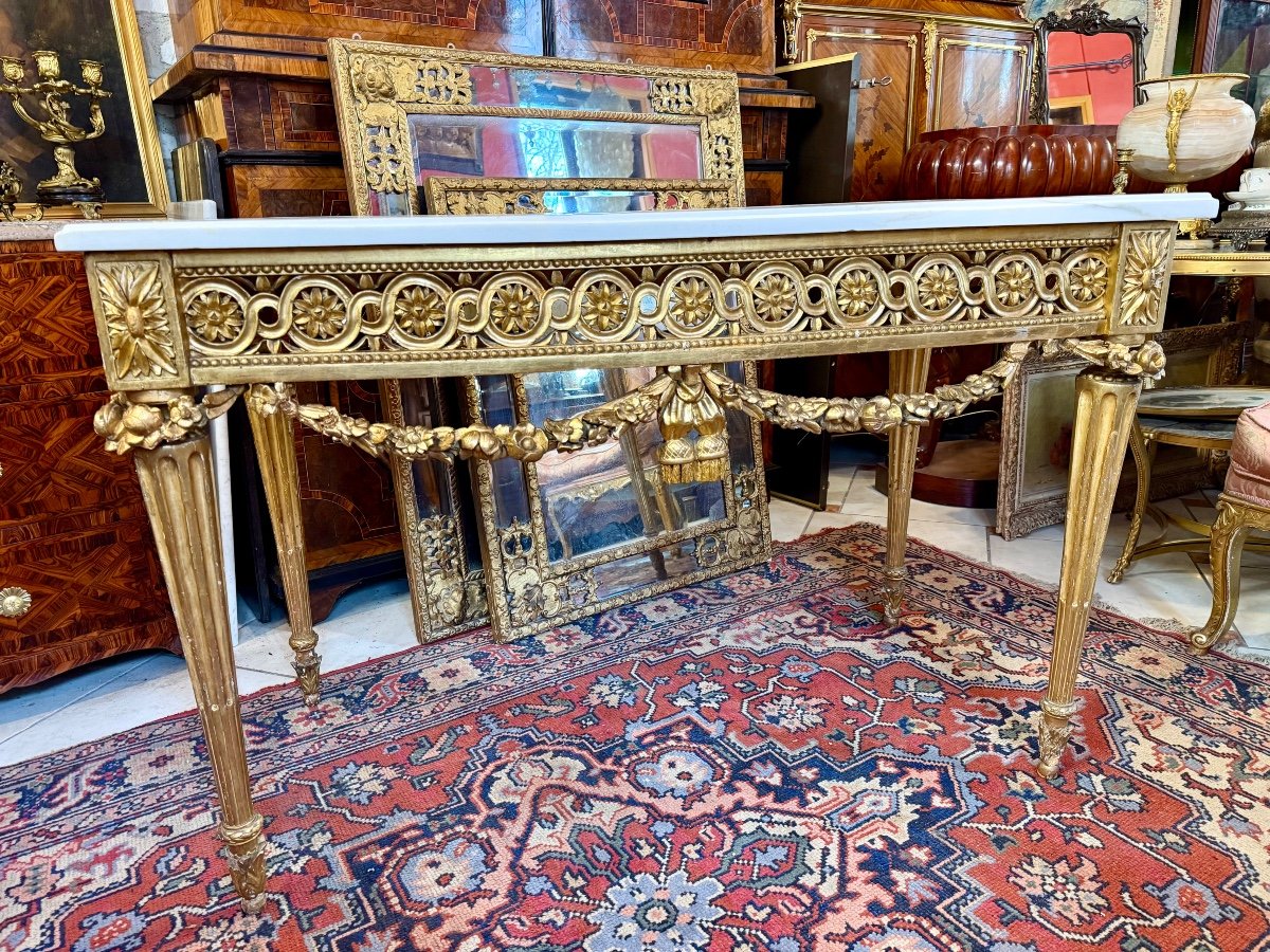 TABLE CONSOLE EPOQUE LOUIS XVI EN BOIS DORE