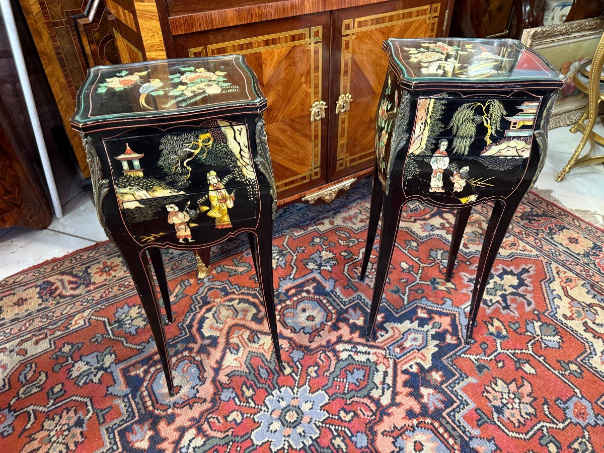 Pair Of Louis XV Style Chinese Lacquer Bedside Tables