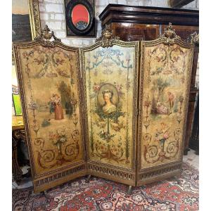 Louis XVI Style Screen Napoleon III Gilt Wood, Mirrors And Oils On Canvas With Three Leaves