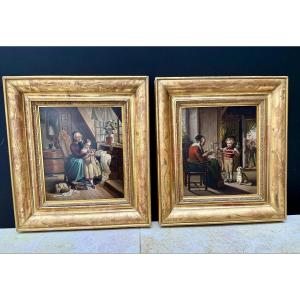 Two Oil Paintings On Panel - 19th Century French School, Theme On Sewing