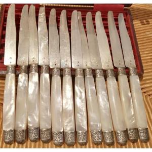 12 Mother-of-pearl Fruit Knives And Silver Blade Minerva Hallmark Epoque XIX