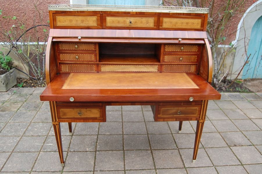 Cylinder Desk D Louis XVI Period In Walnut Er Plum Tree From The 18th Century-photo-3