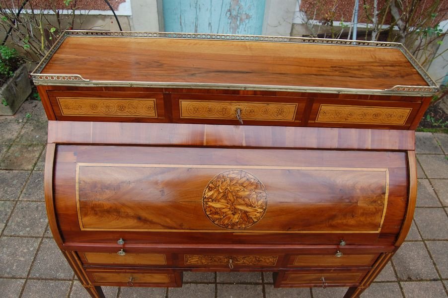 Cylinder Desk D Louis XVI Period In Walnut Er Plum Tree From The 18th Century-photo-4