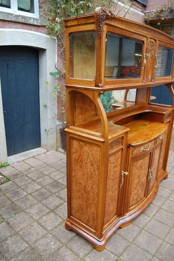 Grand Buffet Deux Corps D époque Art Nouveau école De Nancy En Noyer Et Loupe D Orme -photo-1