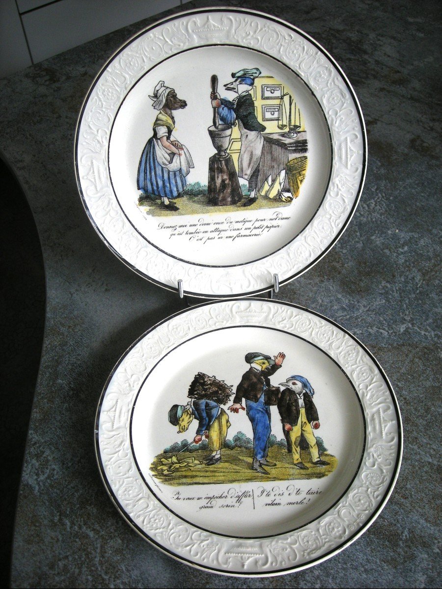 2  ASSIETTES   1824  DECOR  " METAMORPHOSES  DU JOUR  DE  GRANVILLE. "