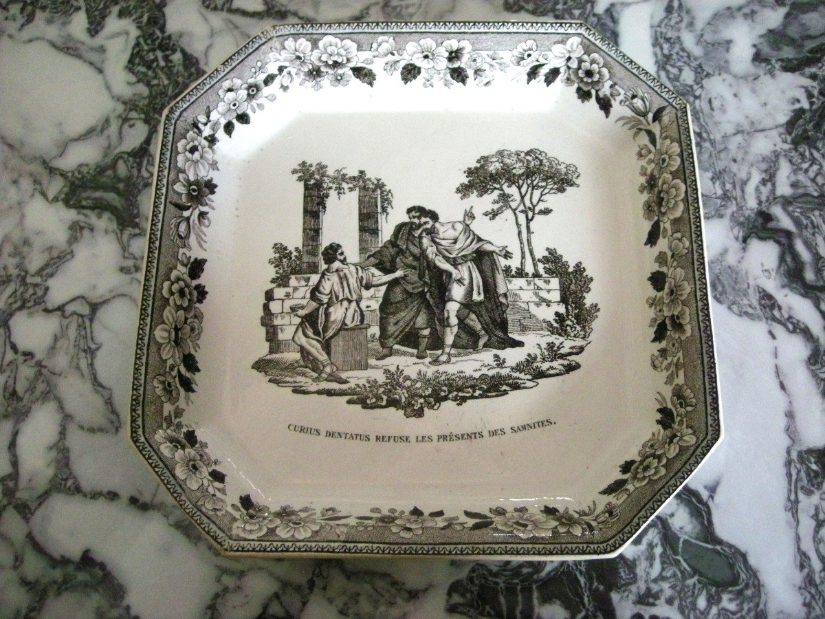 Fine Earthenware Square Dish 1819 Decor Grisaille Sign Montereau