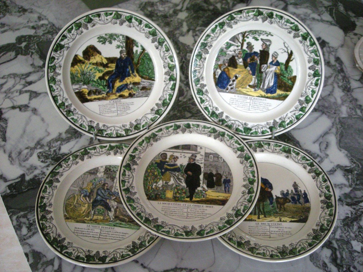 5 Fine Earthenware Plates On The Songs Of Beranger 1825 Montereau