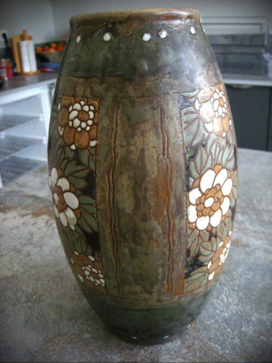 Vase Gres Decor Art Deco Of Stylized Flowers By Boch - Charles Catteau.-photo-1