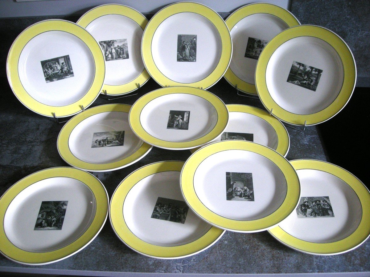 12 Fine Earthenware Plates Rare Decor With Label Signed Creil