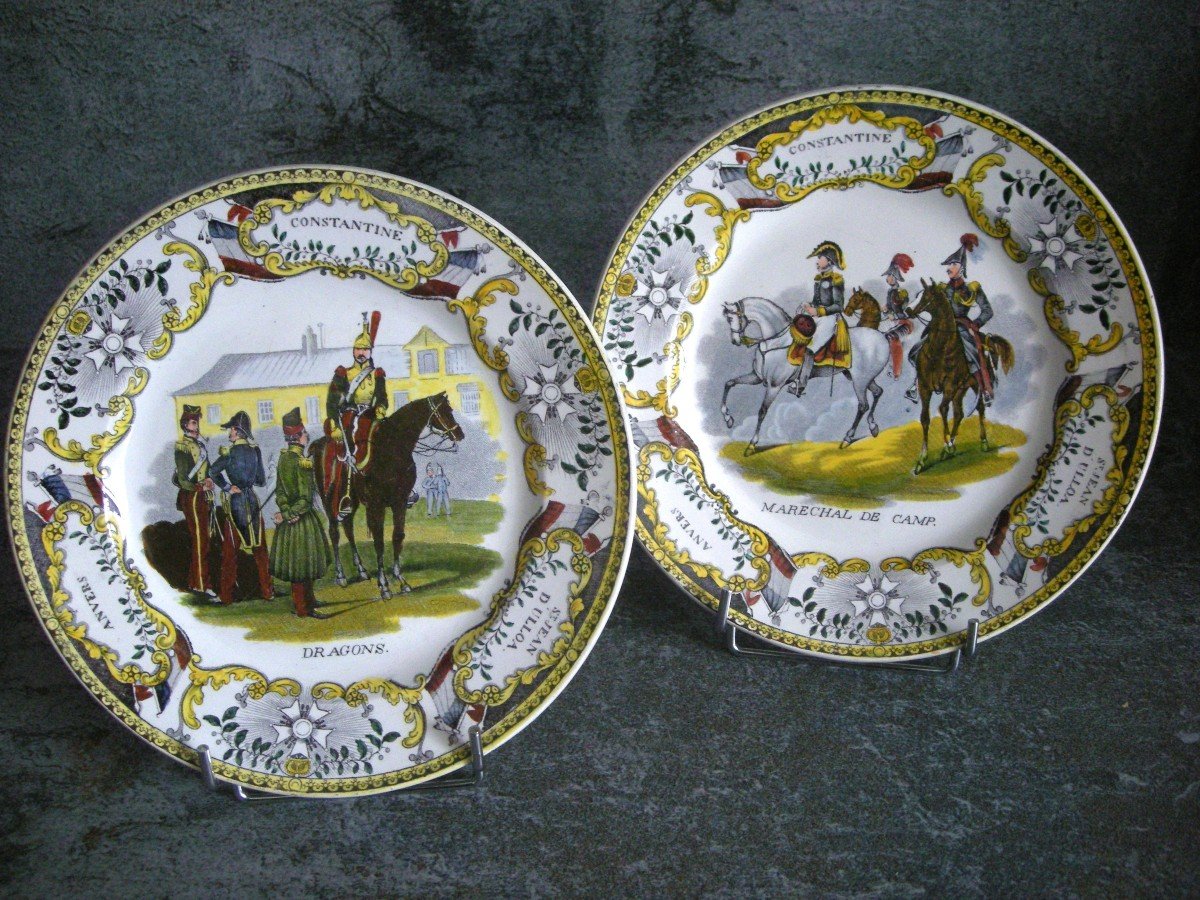 2 Polychrome Faience Plates Military Decor Signed Creil-photo-2