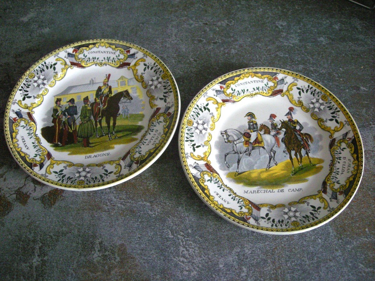 2 Polychrome Faience Plates Military Decor Signed Creil-photo-7