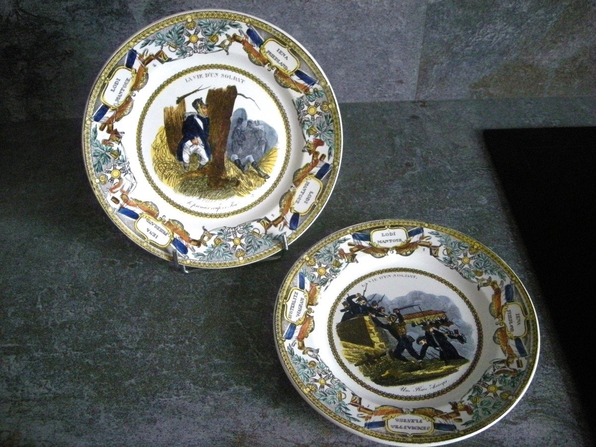 Deux  Assiettes  Polychromes  1830  "  La  Vie  d' Un  Soldat  "  De  Creil.-photo-6