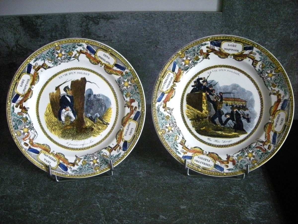 Deux  Assiettes  Polychromes  1830  "  La  Vie  d' Un  Soldat  "  De  Creil.-photo-8