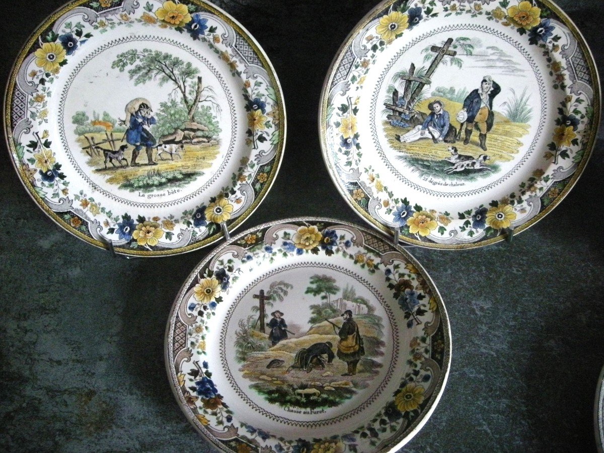 7 Polychrome Plates “hunting” Decor Signed Montereau-photo-5