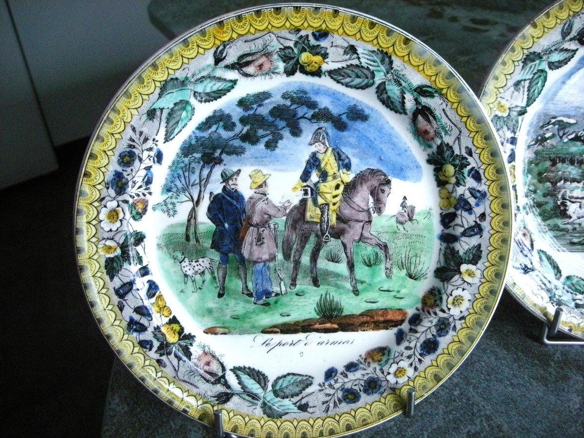 Two Polychrome Plates 1824 Hunting Decor Signed Choisy Le Roi-photo-2