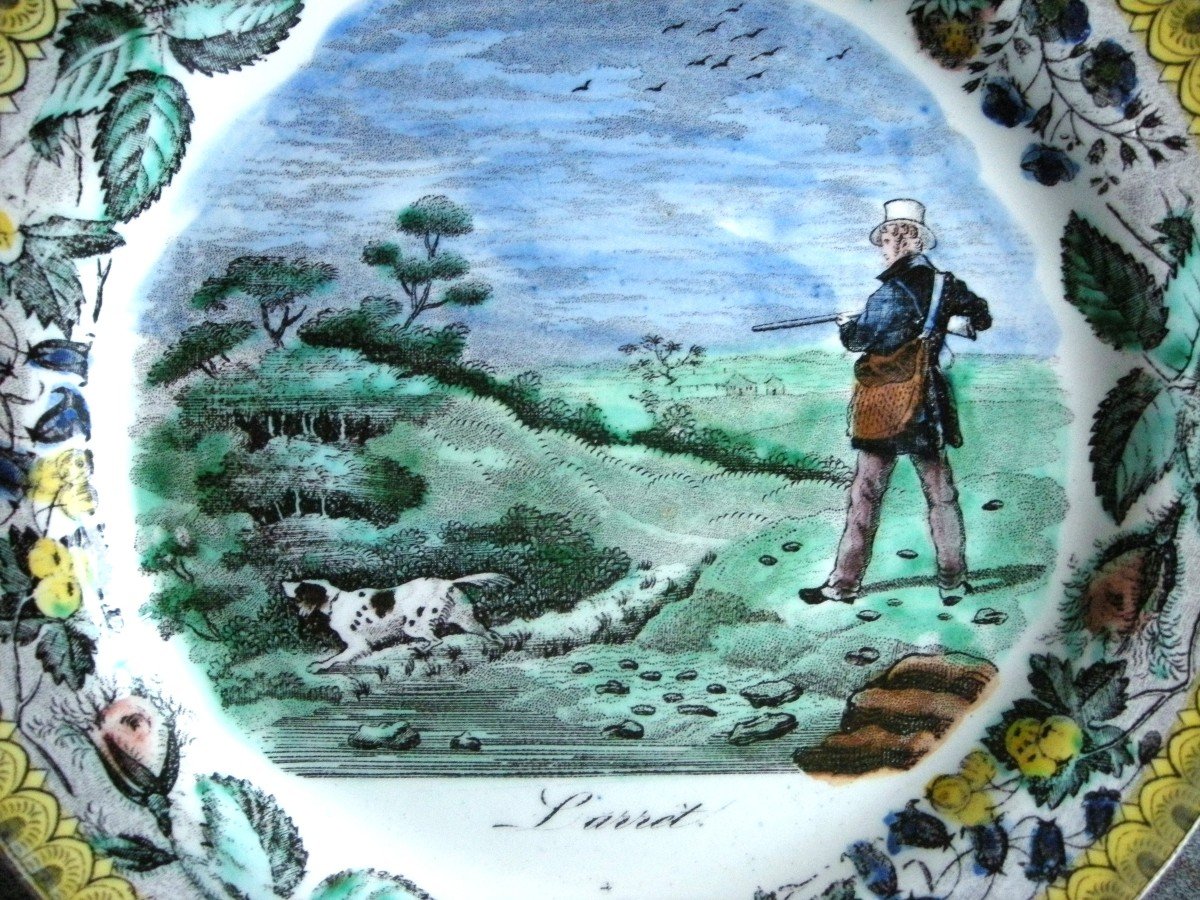 Two Polychrome Plates 1824 Hunting Decor Signed Choisy Le Roi-photo-1