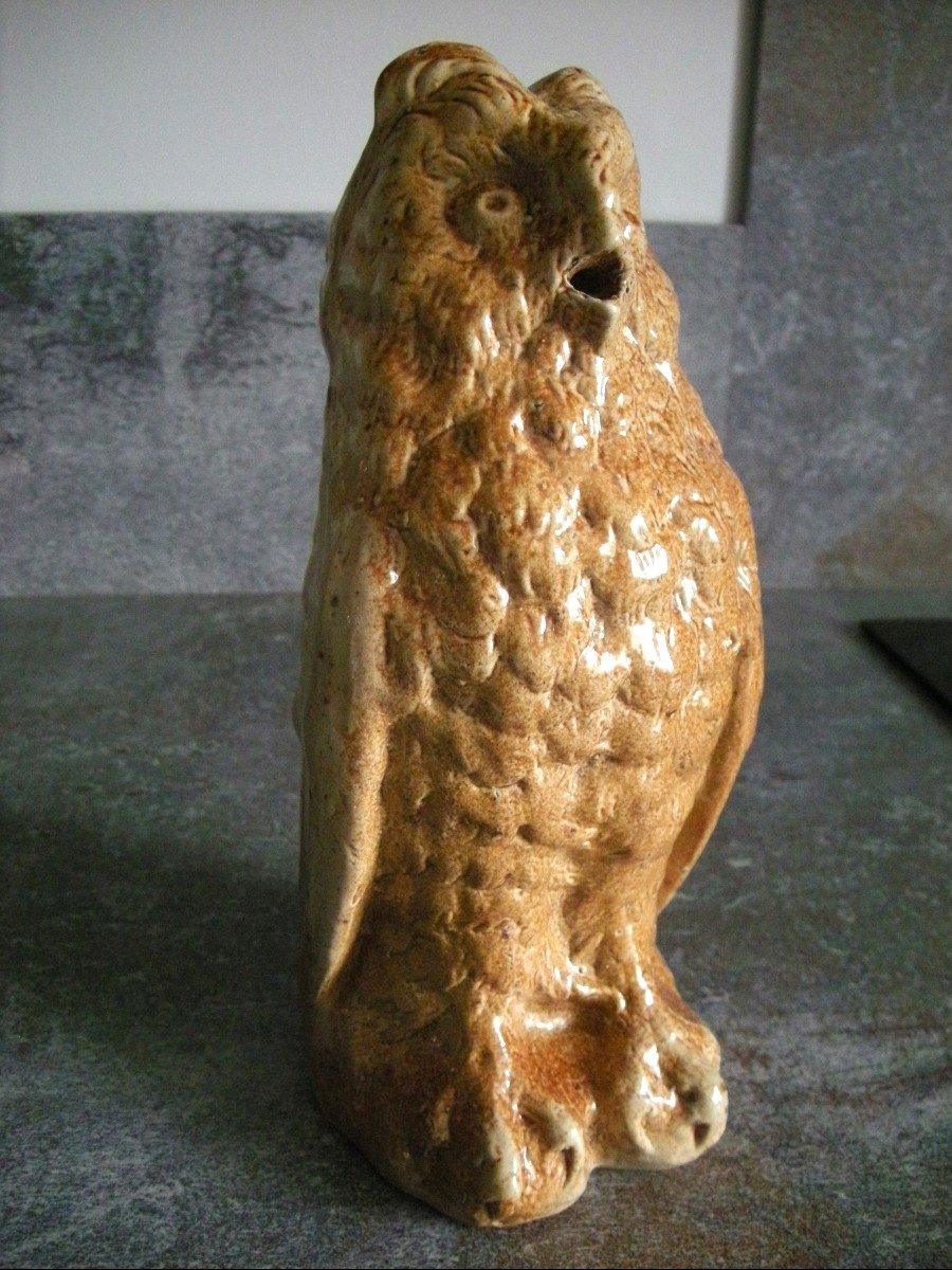 19th Century Owl Or Grand Duke Pitcher In Beauvaisis Gres-photo-2