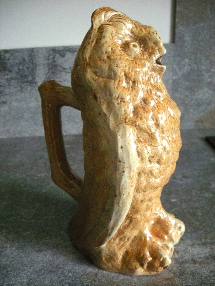 19th Century Owl Or Grand Duke Pitcher In Beauvaisis Gres-photo-3