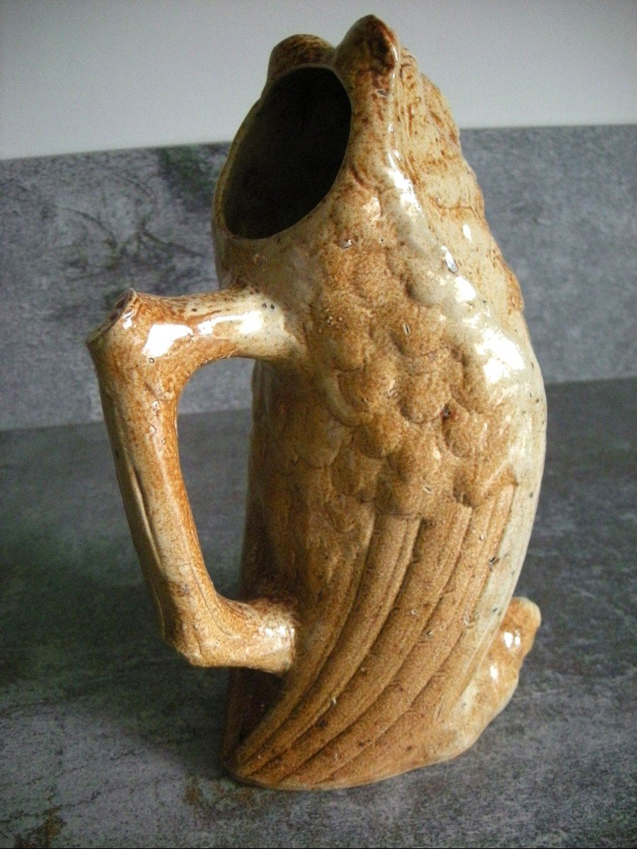 19th Century Owl Or Grand Duke Pitcher In Beauvaisis Gres-photo-4