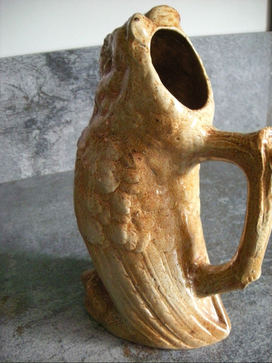 19th Century Owl Or Grand Duke Pitcher In Beauvaisis Gres-photo-2