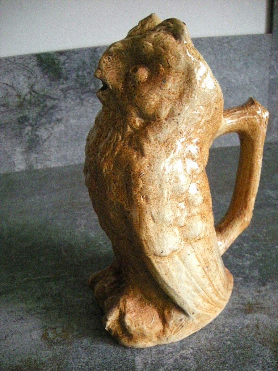 19th Century Owl Or Grand Duke Pitcher In Beauvaisis Gres-photo-3