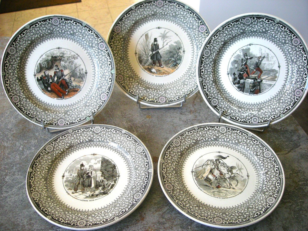 5 Opaque Porcelain Plates 1839 Military Decor By Creil And Montereau