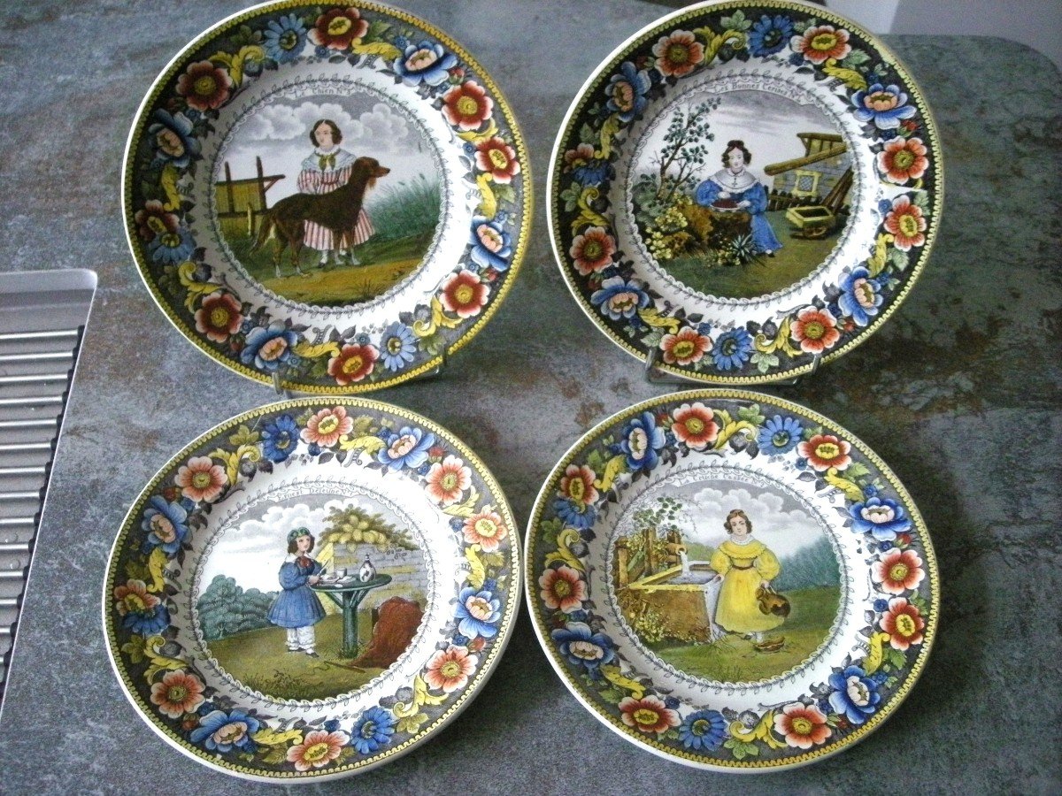 4 Fine Earthenware Plates Decor “the Children” From Creil