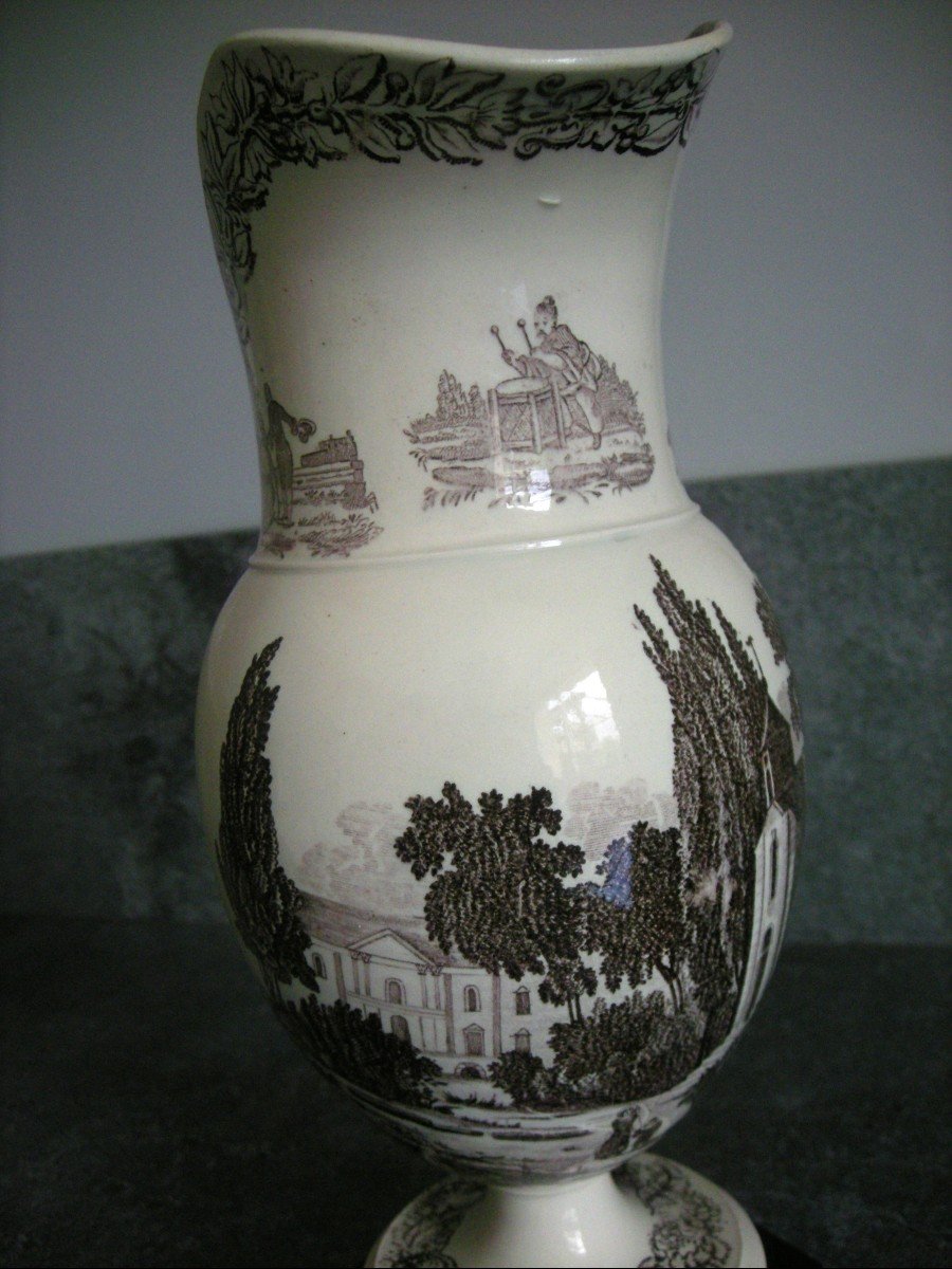 Ewer In Fine Earthenware 19th Century Grisaille Decor-photo-2